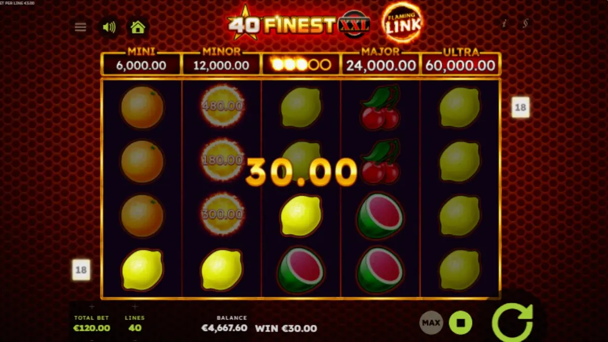 Tampilan visual slot 40 Finest XXL Flaming Link dengan elemen api dan simbol buah neon.