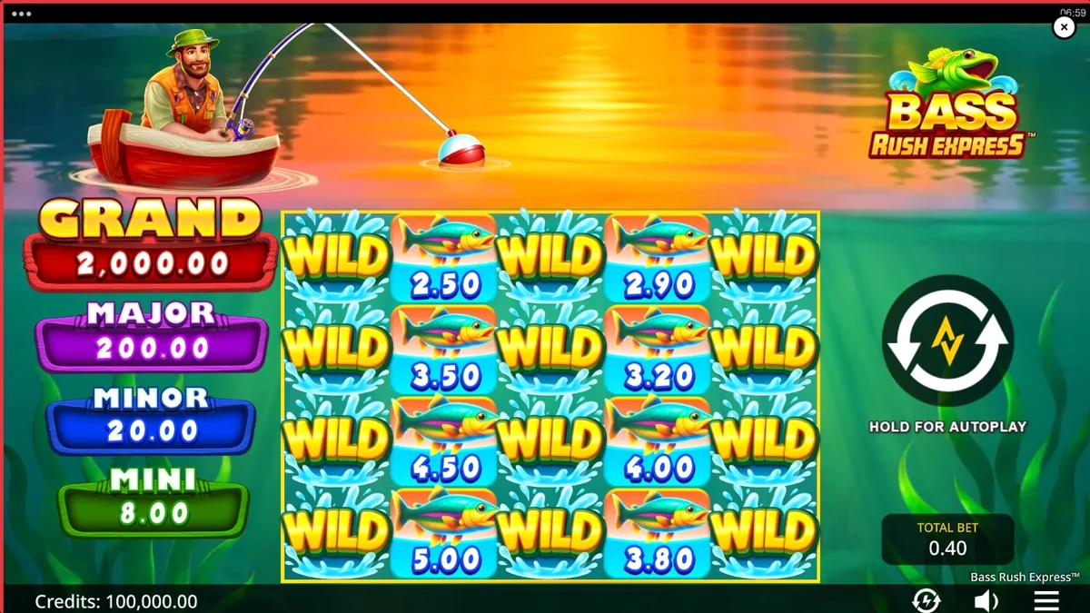 Tampilan layar permainan slot Bass Rush Express dengan tema memancing dan fitur Rush Express