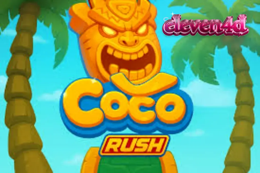 Pemandangan tropis yang cerah dengan simbol-simbol slot Coco Rush yang berkilauan